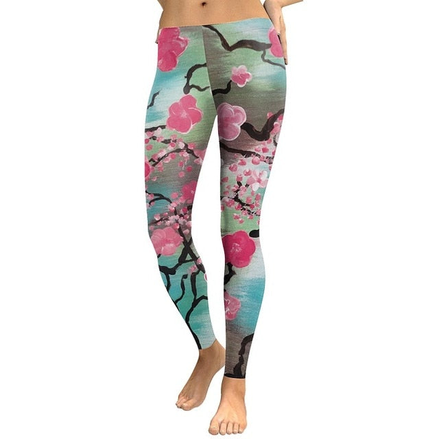 Pink Plum Blossom Leggings – Digital Print High Waist Fitness Workout Pants