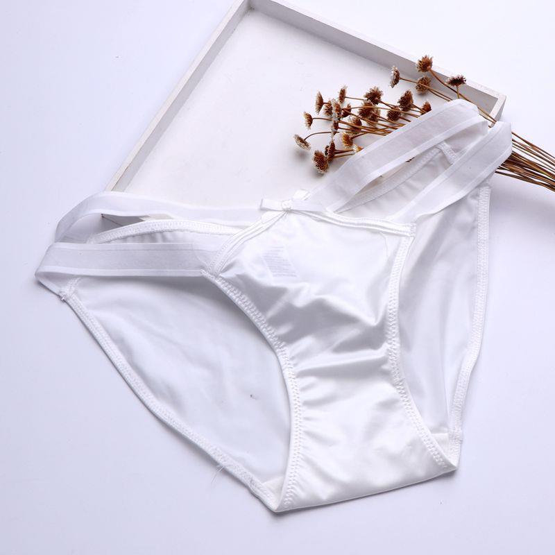 White satin milk silk girl underwear featuring a sexy hollow butterfly knot design, seamless, low waist, and hip-hugging tria