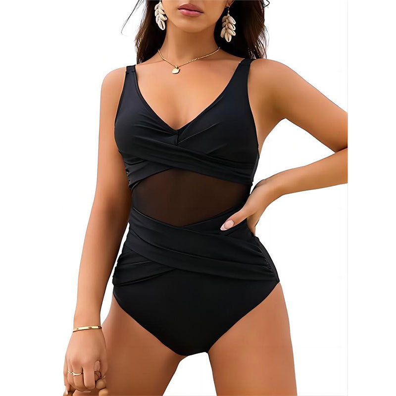 Solid color mesh splicing one-piece swimsuit - Classyfashion24.com