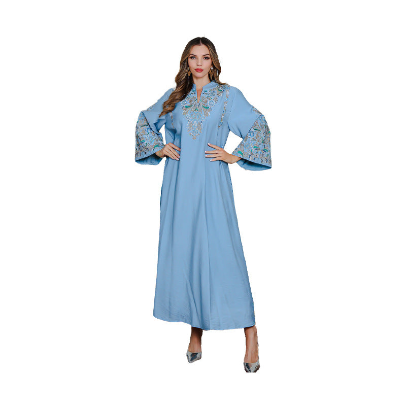 Elegant V-neck Muslim Dress with Islamic Embroidery and Rhinestones Long Skirt Women's Prayer Wear - Classyfashion24.com