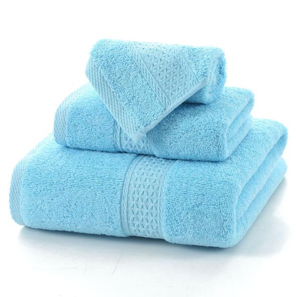 3-Piece Premium 100% Cotton Bath & Hand Towel Set in soft blue, featuring a plush texture and decorative woven bands.