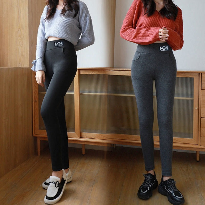 500G Extra Thick HG Standard Pocket Cashmere Leggings for women, featuring high waist and pockets, modeled in two colors.
