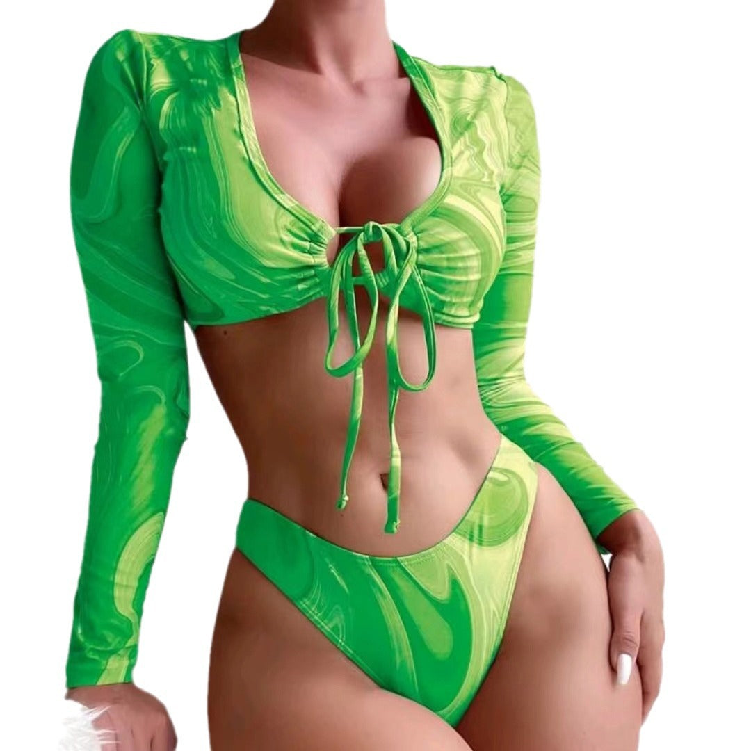 Split long sleeved lace up printed bikini - Classyfashion24.com