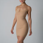 Customised Lace Slip Dress by classyfashionz, featuring high elasticity, fitted camisole design, and lace trim in a nude colo