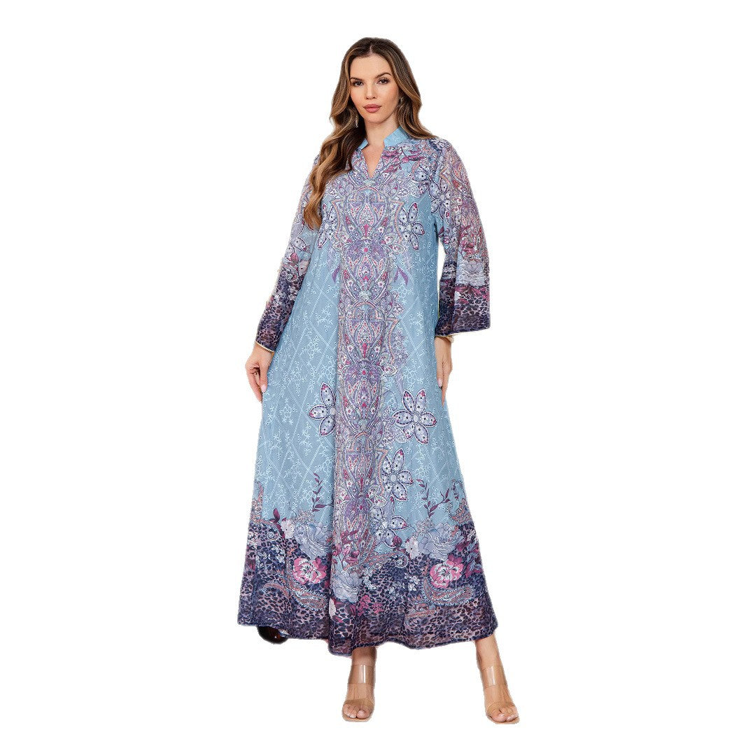 Printed Middle Eastern Dress Muslim Women's Fashion Dubai Long Dress Abaya Embroidered Robe - Classyfashion24.com