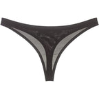 Black low-waist G-string panties made of transparent ice silk, featuring a seamless design for comfort and style.