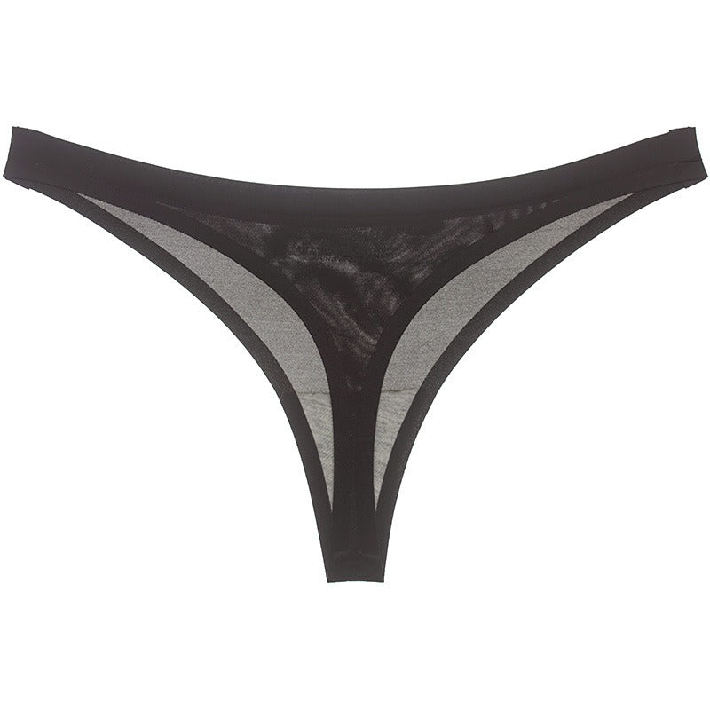 Black low-waist G-string panties made of transparent ice silk, featuring a seamless design for comfort and style.