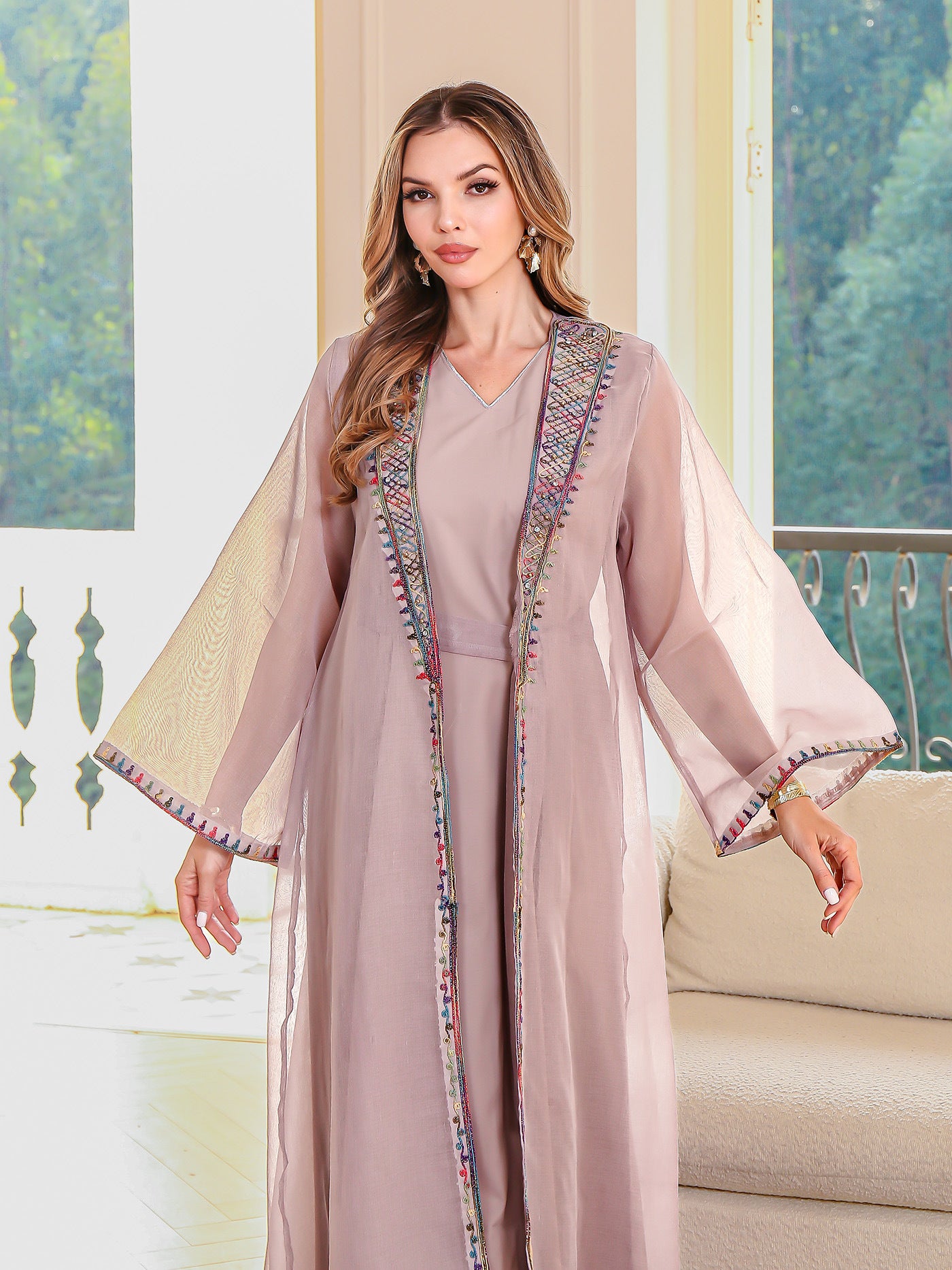 Muslim Two-Piece Dress Set Embroidered Mesh Long Dress Elegant Women's Maxi Dress - Classyfashion24.com