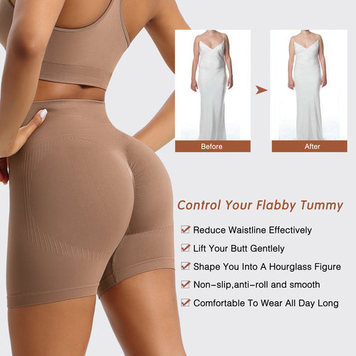 High waist tummy control shapewear shorts in brown, designed to lift the butt and smooth the waist for a flattering silhouett