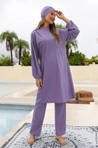 Cap, Drawstring Mock Neck Long Sleeve Top and Pants Swim Set - Classyfashion24.com