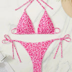 Pink Leopard Print Bikini Set for Women, Halter Neck Two-Piece Swimsuit with Elegant Design - Classyfashion24.com