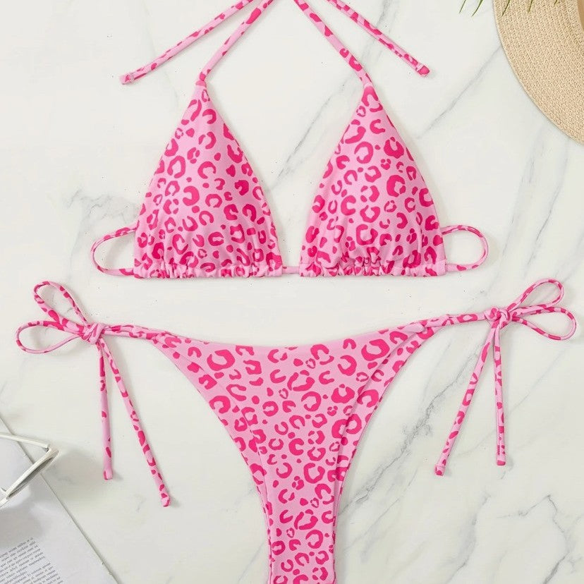 Pink Leopard Print Bikini Set for Women, Halter Neck Two-Piece Swimsuit with Elegant Design - Classyfashion24.com