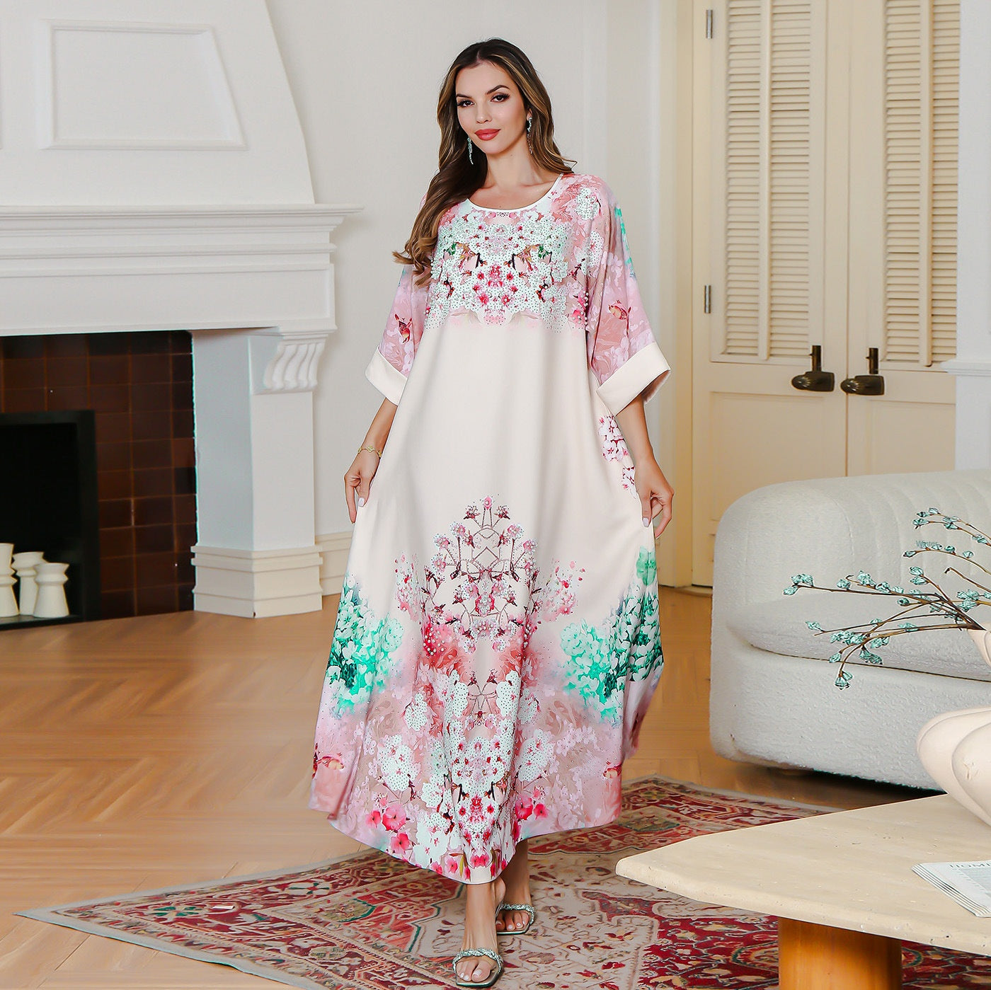 Summer New Muslim Printed Dress Party Middle East Long Dress Abaya Sequined Printed Robe - Classyfashion24.com