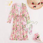 Printed long sleeved sunscreen three piece bikini set - Classyfashion24.com