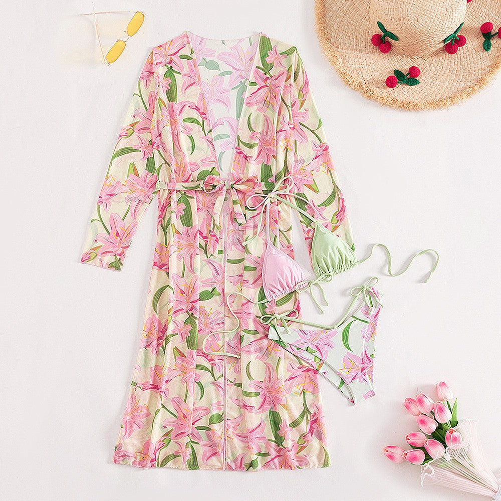Printed long sleeved sunscreen three piece bikini set - Classyfashion24.com