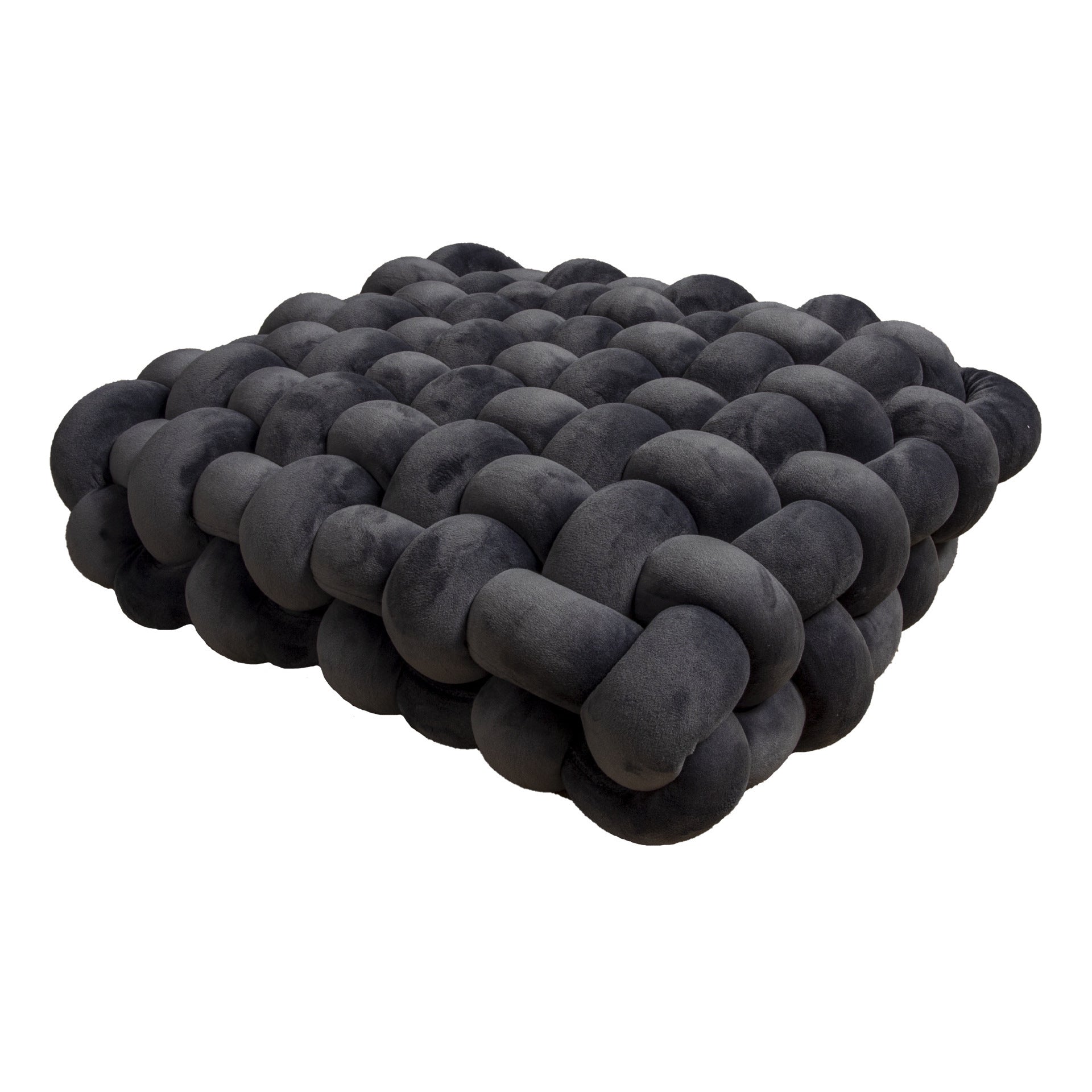 Square woven plush seat cushion in dark gray, featuring a textured, padded design for decorative use on sofas or bay windows.