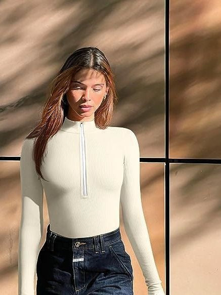 Ribbed Long Sleeve Bodysuit with Front Zip - Classyfashion24.com