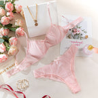 Cute 3-Piece Mesh Lingerie Set with Butterfly Knot Detail in soft pink, featuring a bra, thong, and matching accessories.