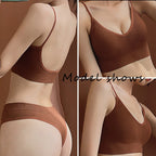 Classyfashionz women's gathered bra set features a thin triangle cup and a sexy back design, shown in a warm brown color.