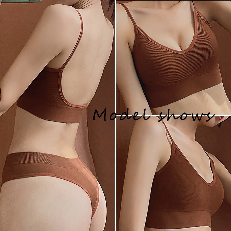 Classyfashionz women's gathered bra set features a thin triangle cup and a sexy back design, shown in a warm brown color.