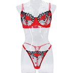 red 2-piece lingerie set laid flat showing top and bottom.