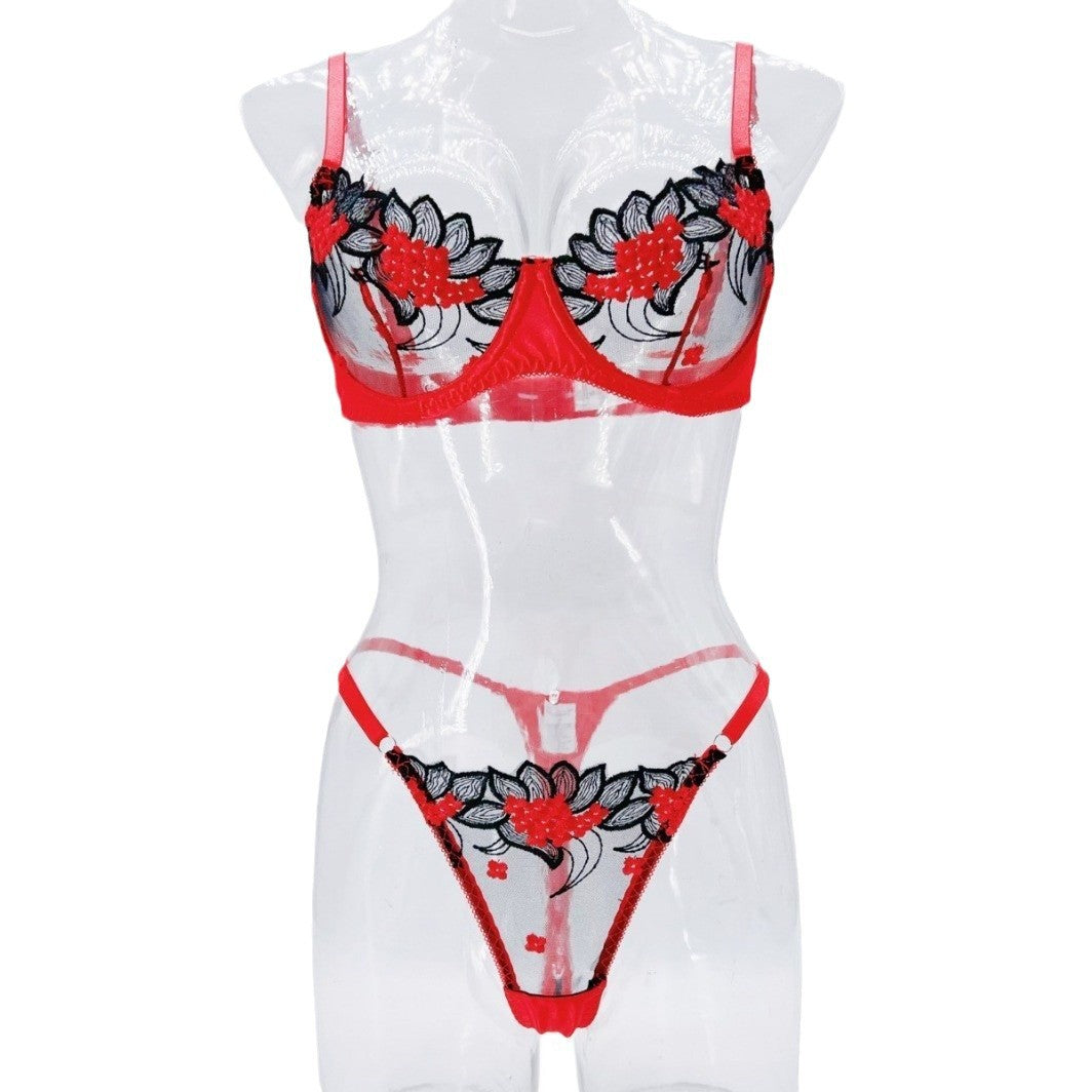 red 2-piece lingerie set laid flat showing top and bottom.