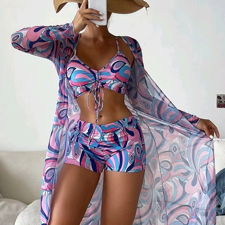 Swimsuit long sleeved mesh three piece bikini top - Classyfashion24.com