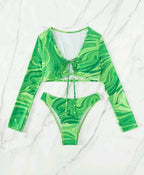 Split long sleeved lace up printed bikini - Classyfashion24.com