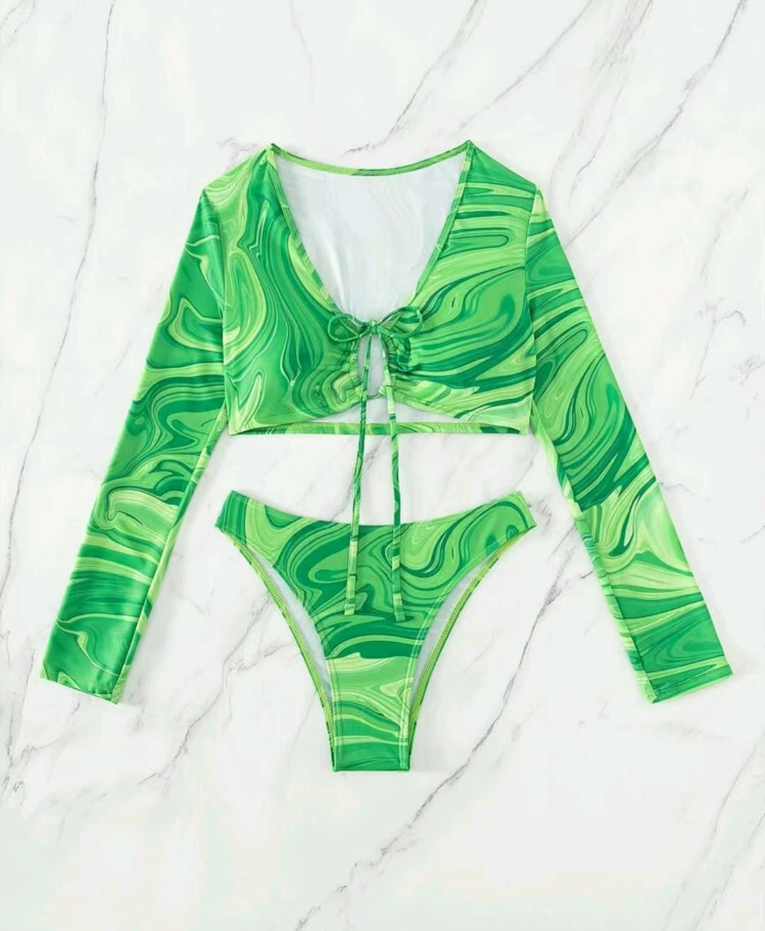 Split long sleeved lace up printed bikini - Classyfashion24.com