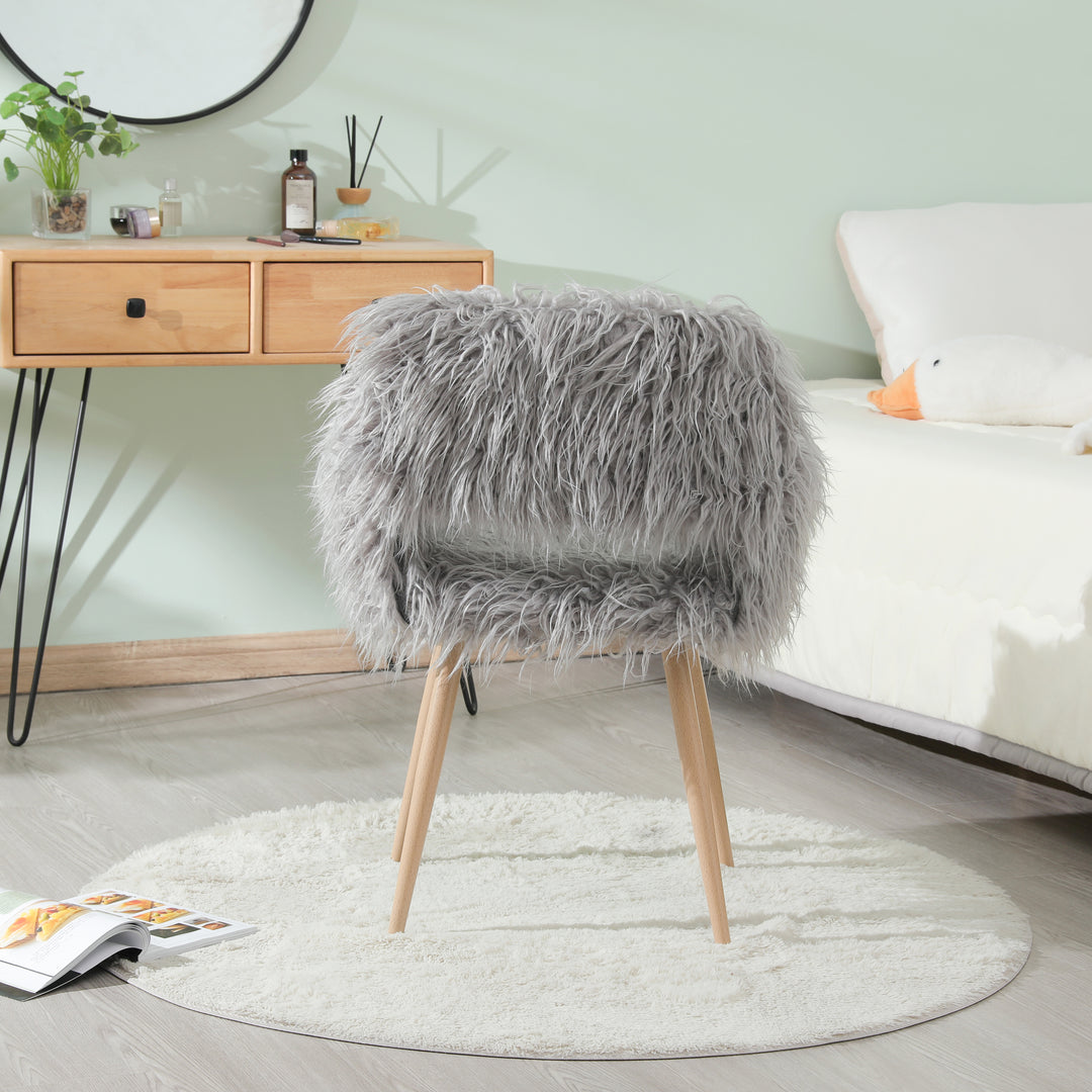 GREY Faux Fur Upholstered Make up chair Side Dining Chair with Metal Leg(GREY+Beech Metal Leg)