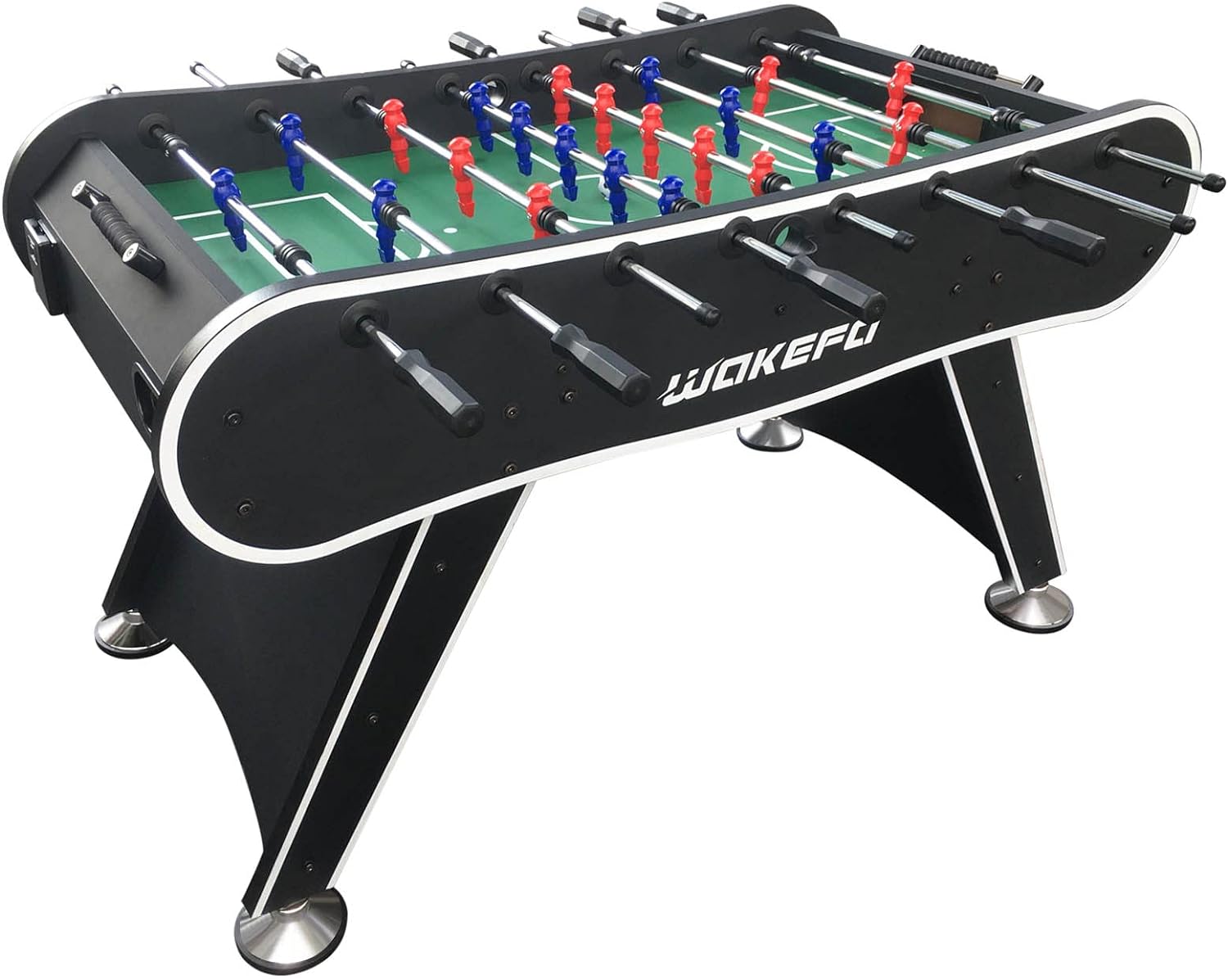 Professional 56-Inch Foosball Table with black and silver design, featuring red and blue player figures for arcade soccer gam