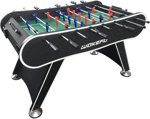 Professional 56-Inch Foosball Table with black and silver design, featuring red and blue player figures for arcade soccer gam