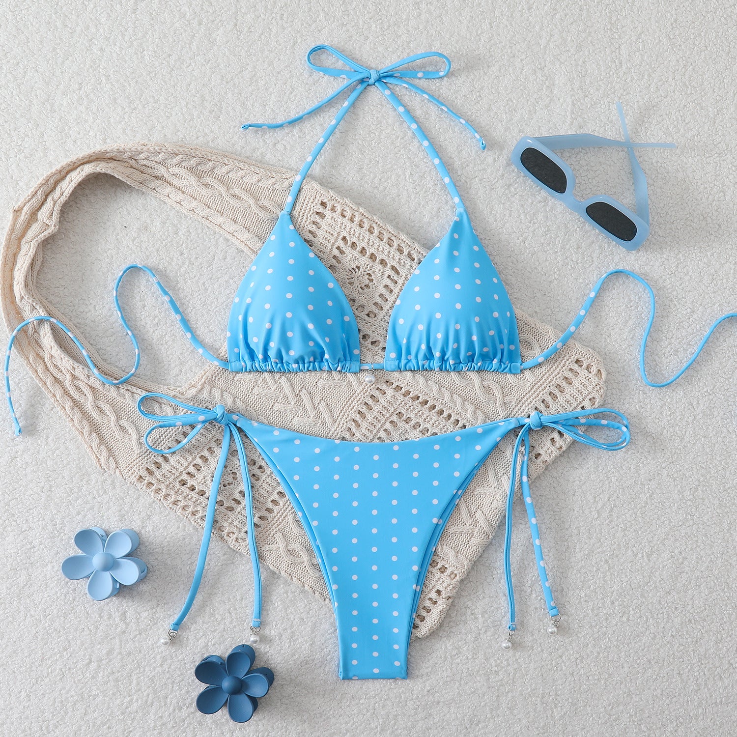 Fresh Dot Print, Strapless Halter Neck, Two-Piece Bikini Swimwear - Classyfashion24.com