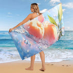 Plus Size Microfiber Beach Towel by classyfashionz, oversized 63"x32", featuring a vibrant peach design against a beach backd