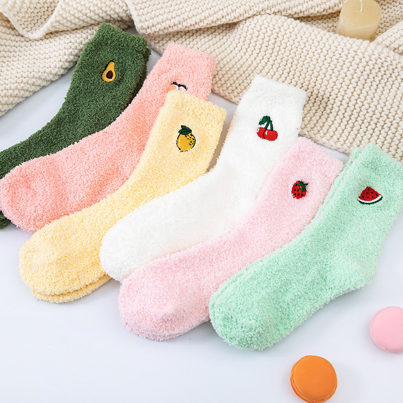 Coral velvet socks embroidered with fruits - Classyfashion24.com