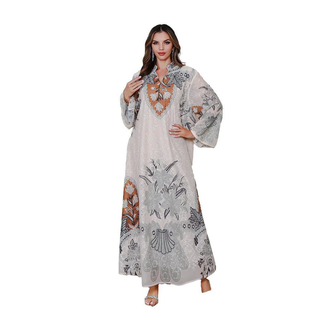 Muslim Embroidered Printed Long Robe Middle Eastern Dress Women's Long Gown - Classyfashion24.com