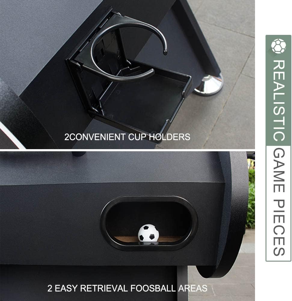 Professional 56-Inch Foosball Table with cup holders and easy retrieval areas for foosballs. Ideal for arcade-style play.