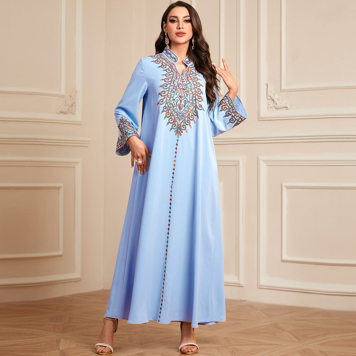 Middle Eastern Cross-border Long Robe Muslim Embroidered V-neck Dress Arabic Dubai Jalabiya Long Robe - Classyfashion24.com