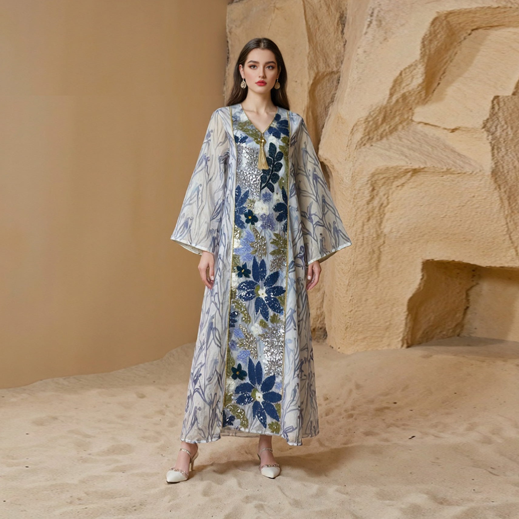 Muslim Dubai Dress for Women, Arabic Clothing, Middle Eastern Printed Sequin Long Robe - Classyfashion24.com