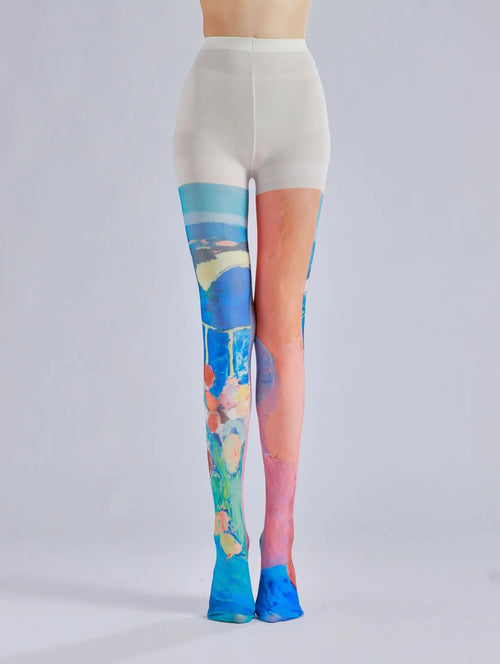 Colorful patterned pantyhose featuring a silk-style velvet design with abstract art in vibrant hues from classyfashionz.