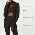 Women's Yoga Wear Suit – Nude Feel Three-Piece Sports & Fitness Set featuring a black coat, crop top, and leggings.