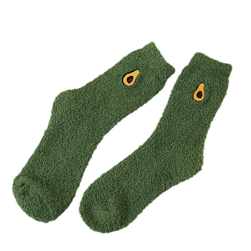 Coral velvet socks embroidered with fruits
