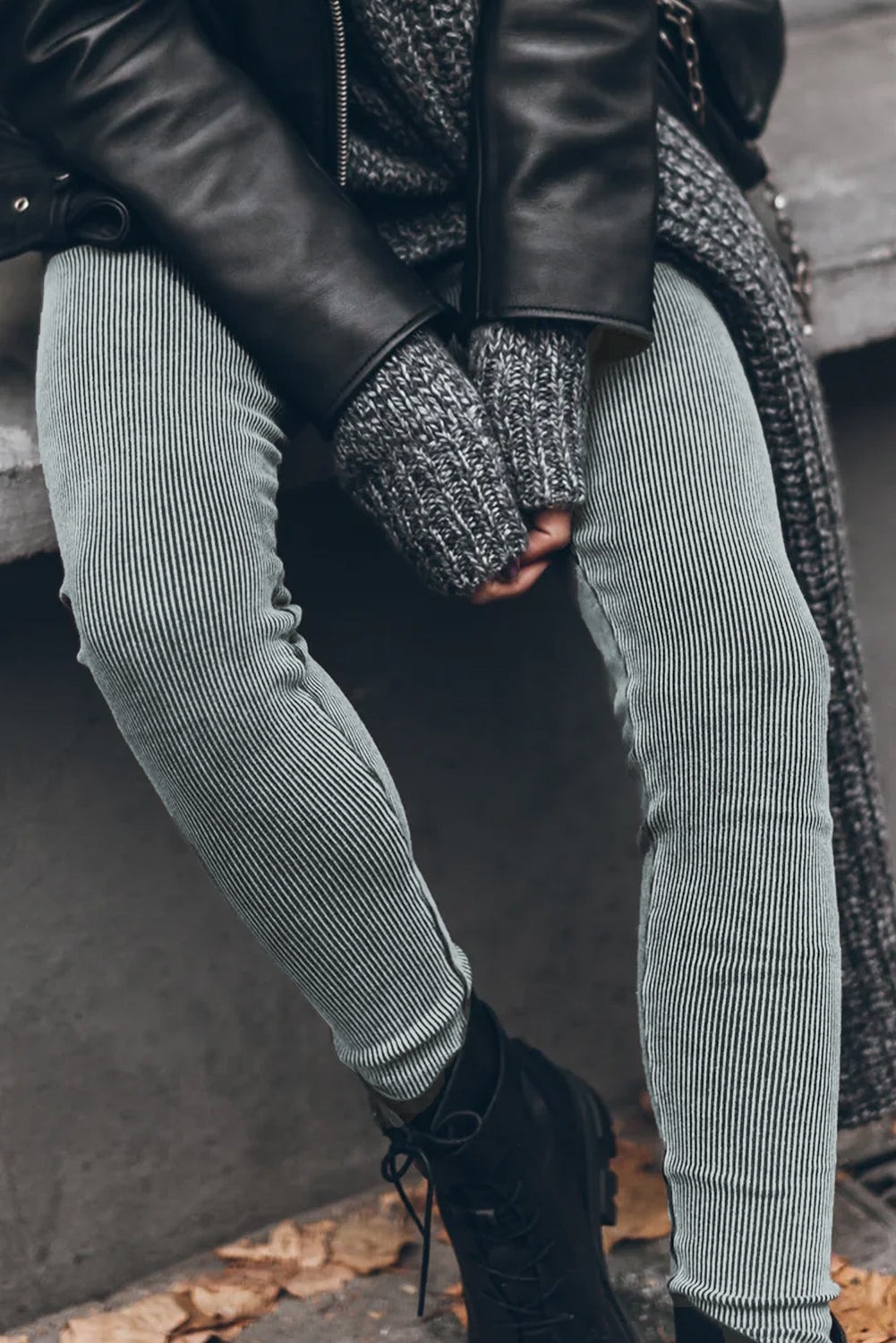 Dark Grey Vintage Wash Ribbed Leggings - Classyfashion24.com