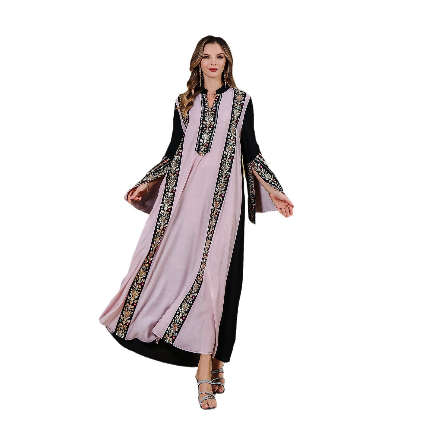 Muslim Dress Middle Eastern Clothing Embroidered Long Robe with Patchwork - Classyfashion24.com