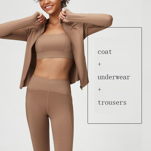 Women's Yoga Wear Suit – Nude Feel Three-Piece Sports & Fitness Set featuring a coat, bra, and trousers in a nude color.