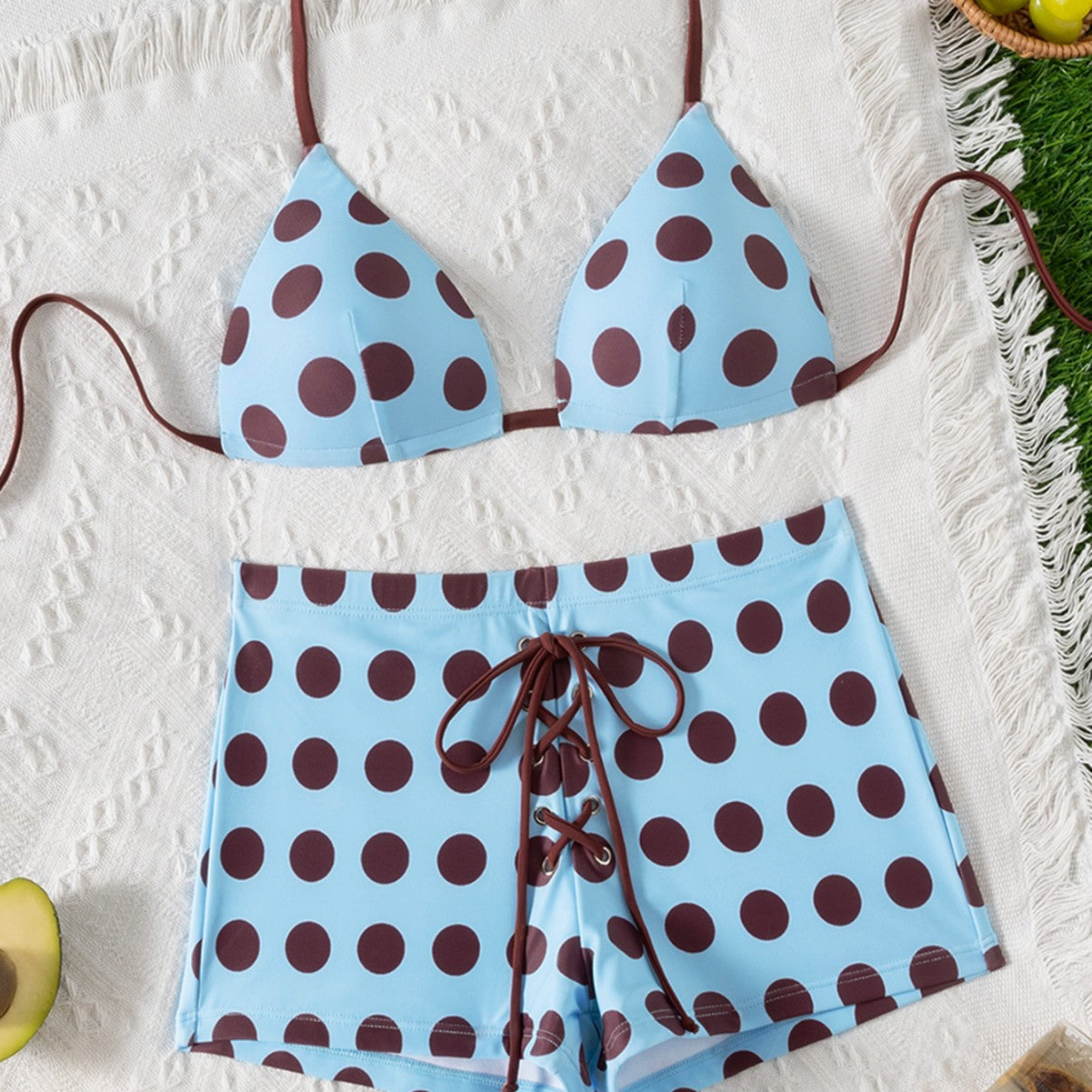 Wave point neck hanging triangle cup bikini strap flat angle split swimsuit - Classyfashion24.com
