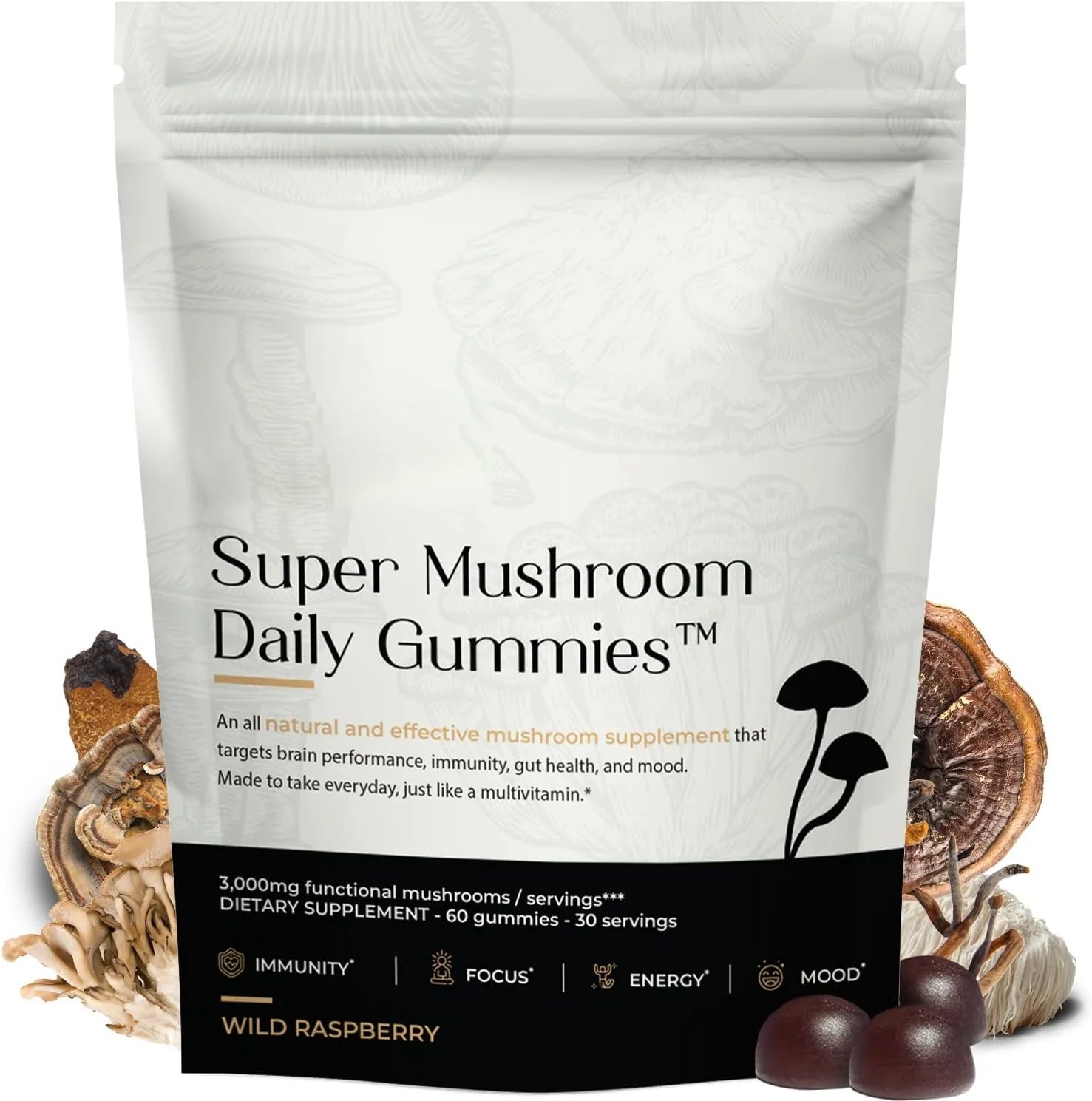 Bottle of super mushroom gummies 60 count on a table.
