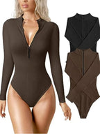 Ribbed Long Sleeve Bodysuit with Front Zip - Classyfashion24.com