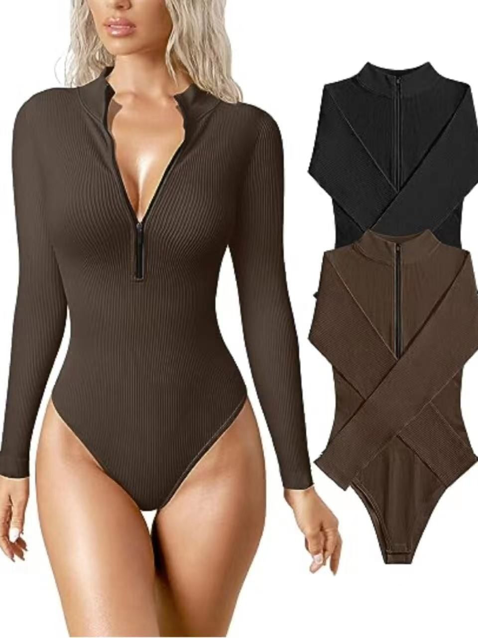 Ribbed Long Sleeve Bodysuit with Front Zip - Classyfashion24.com