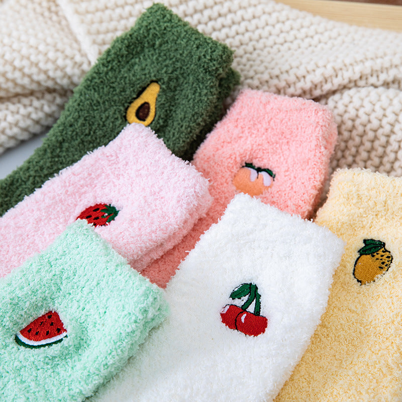 Coral velvet socks embroidered with fruits - Classyfashion24.com